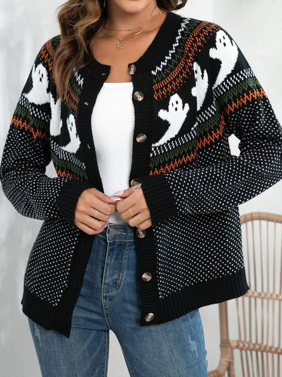 Cardigan boutonné à manches longues et col rond pour femme, imprimé citrouille d'halloween, hauts en tricot pour les fêtes d'automne