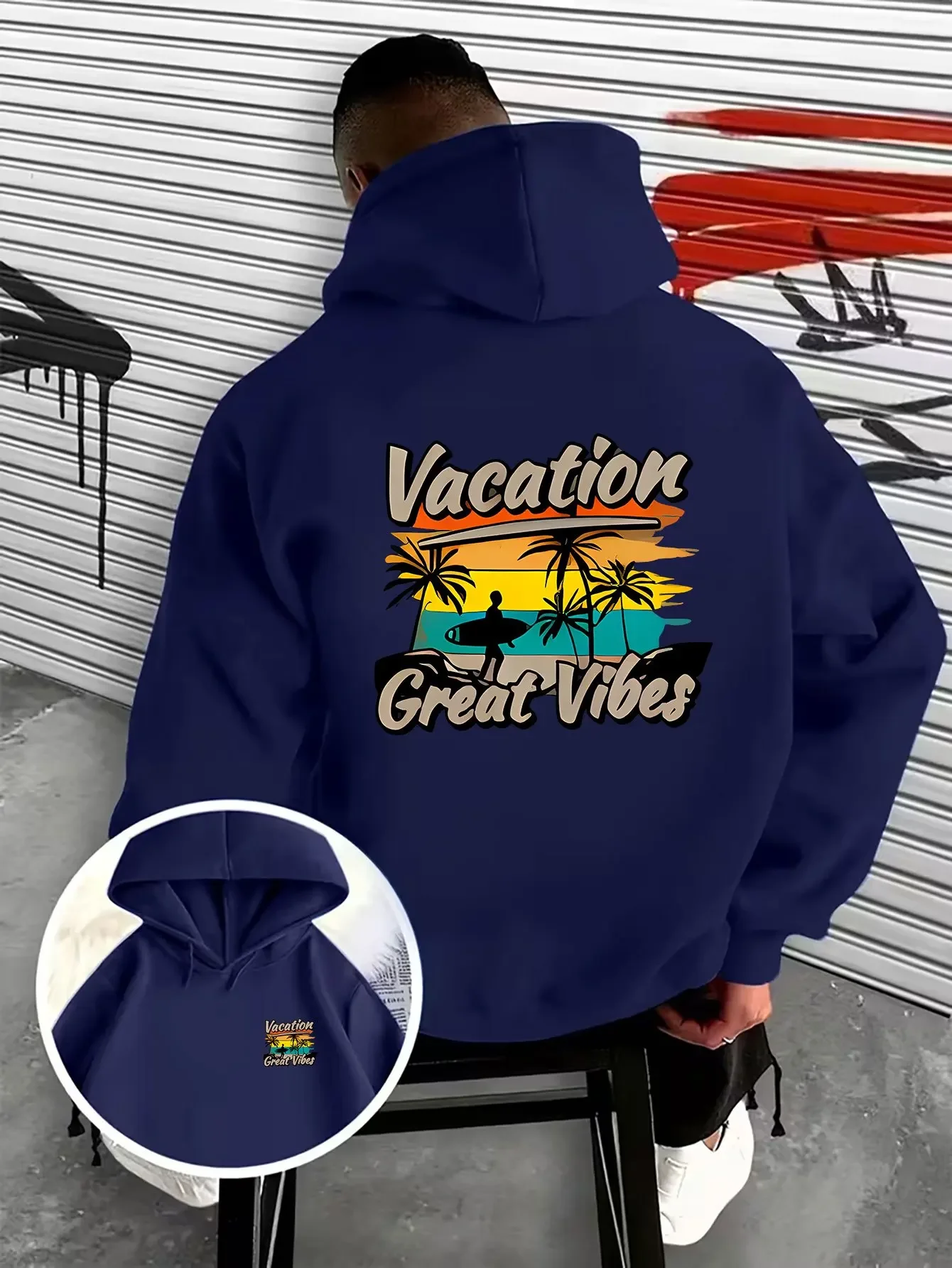 Vacation Great Vibes Retro Sunset Surfing Palm Tree Double Sided Print Oversized Hoodie