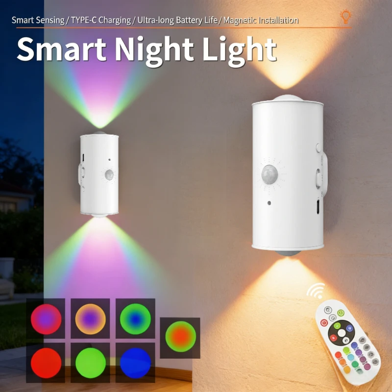 LED Night Lights Motion Sensor RGB Ambient Light Magnetic USB Rechargeable Party Corridor Closets Double-head Sunset Wall Lamp