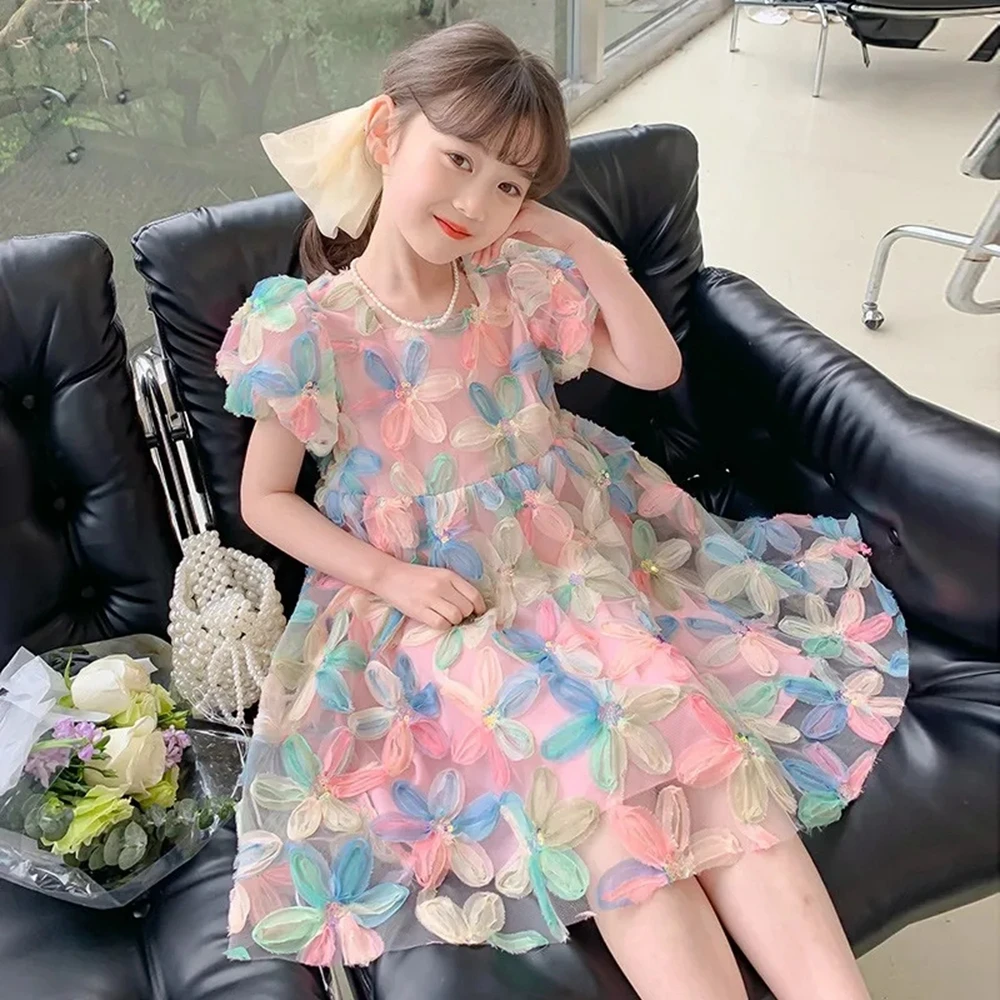 Summer Girls Flower Princess Dress with Big Bow Kids Cute Puff Short Sleeve Dresses for Girls Korean Clothing Children Dress 6 8