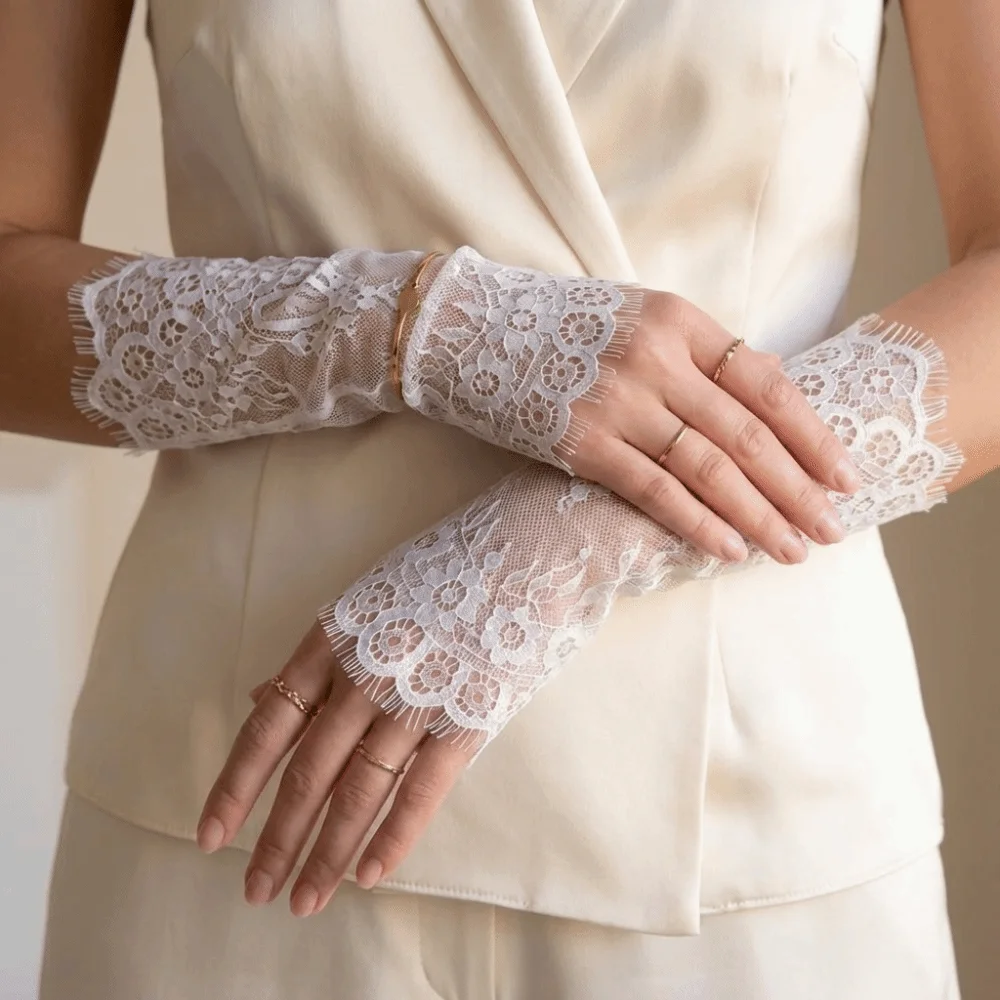 Exquisite Handmade Pearls Ruffle Edge Lace Gloves for Women Mesh Sunscreen Long Gloves Bridal Wedding Arm Sleeves