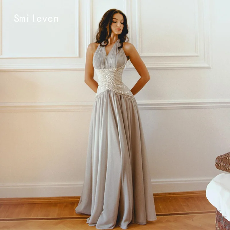 

Smileven Novel A Line Prom Dress Draped Halter Evening Gowns Fasional Beading V Neck Occasion Dress Customized 2026