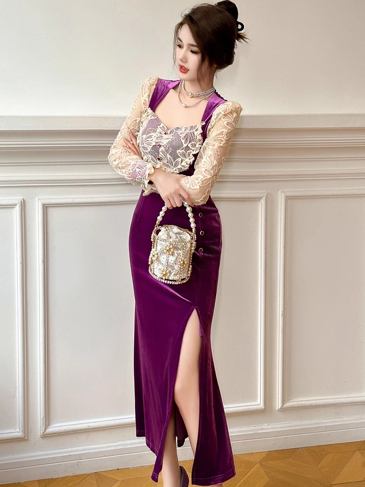 새로운 패션 여성용 스위트 벨벳 이브닝 롱 드레스 여성 의류 빈티지 우아한 시스루 긴 소매 슬림 파티 드레스