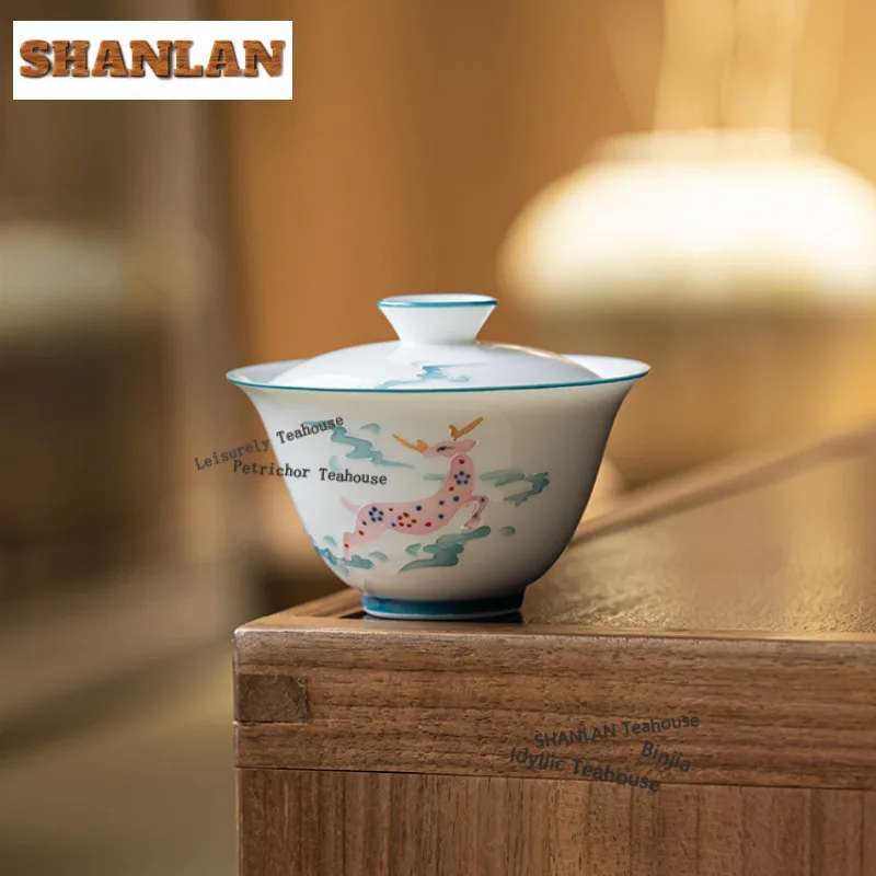 100ml Stack Painting Cloud Sika Deer Gaiwan Creative Tea Tureen Tea Bowl With Lid Kit Tea Making Cover Bowl Tea Set Collection