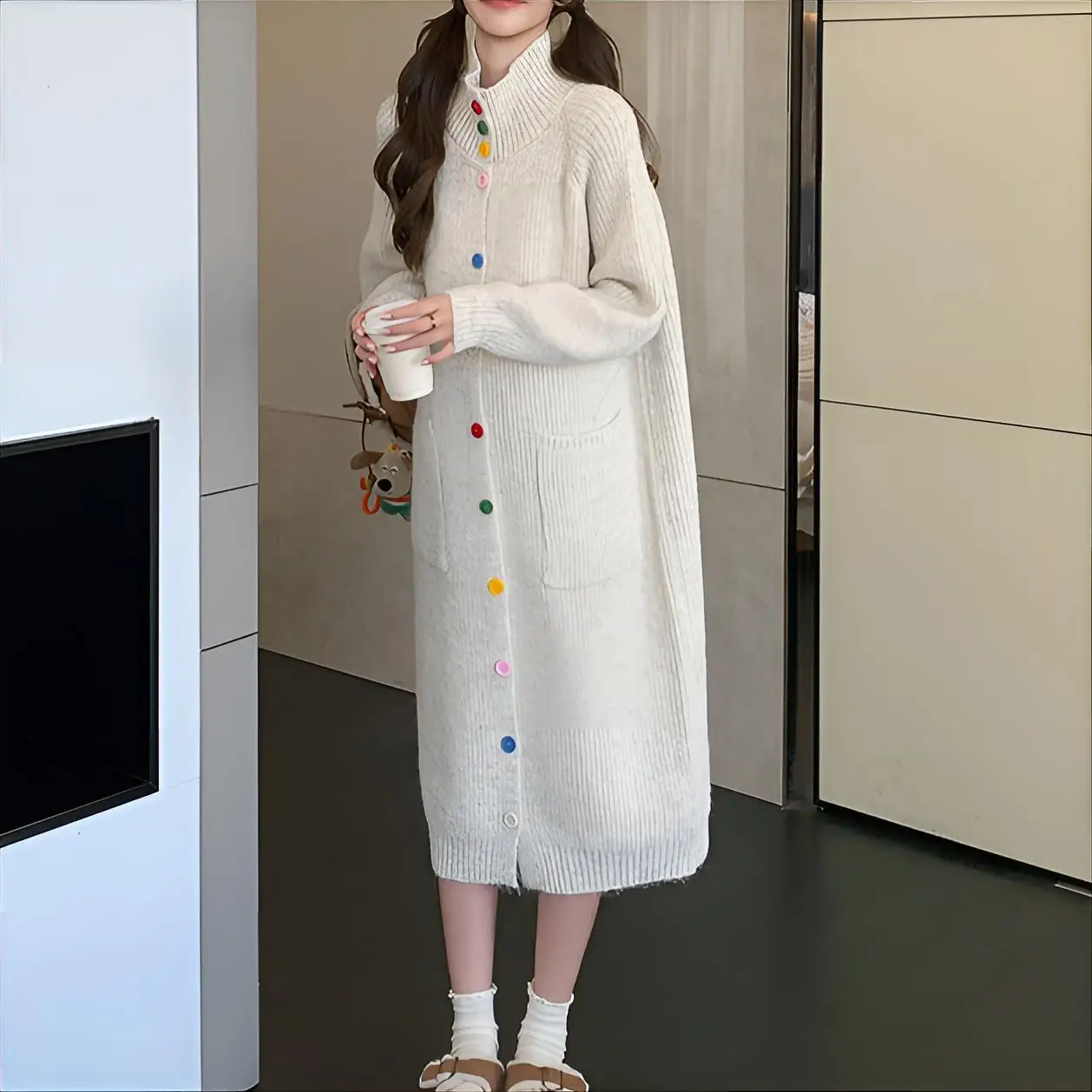 

Knee Length Cardigan For Woman Sweaters Jumpers Women Aesthetics Long-Sleeved Camping Bohemian Abstract Tube Knot Fancy Ribbing