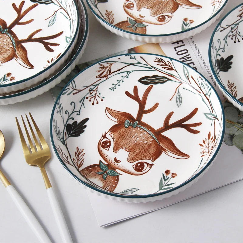 Nordic Ceramic Hand-Painted Glazed Color Plate Bowl Cartoon Deer Household Anti-Hot Baking Plate Forest Animal Tableware