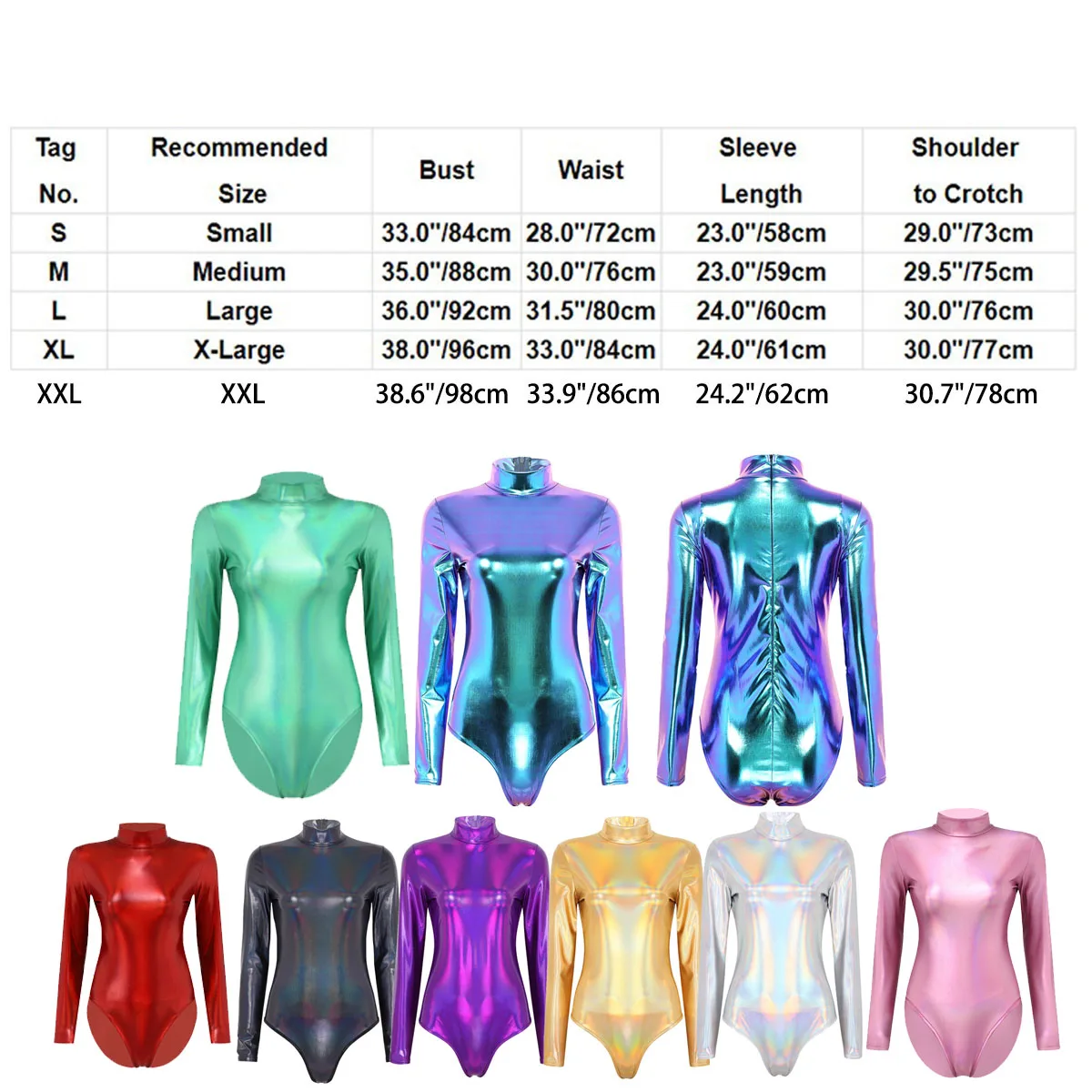 Women Metallic Dance Bodysuit Gymnastic Dancewear Leotard Ballet Dress Long Sleeve Mock Neck One-Piece Swimsuit Rave Clubwear