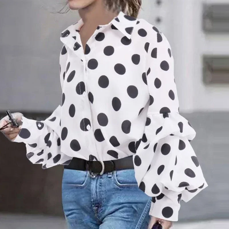 

2024 Women Leopard Print Blouse Shirt Vintage Autumn Polka Dot Shirt Button Loose Long Lantern Sleeve Lapel Elegant Ladies Top