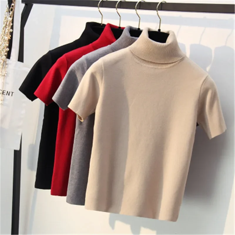 Spring Knitted Tops Women Short Sleeve T shirt Autumn Winter Turtleneck Pullovers T-shirt Tee Shirt Femme Tshirt Knitwear V778