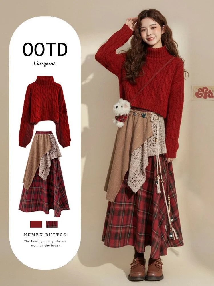 

Large Size Autumn Winter Knitted Sweater Set Women's New Year's Robe Red f Skirt Two Piece Set Faionable Casual Wear
