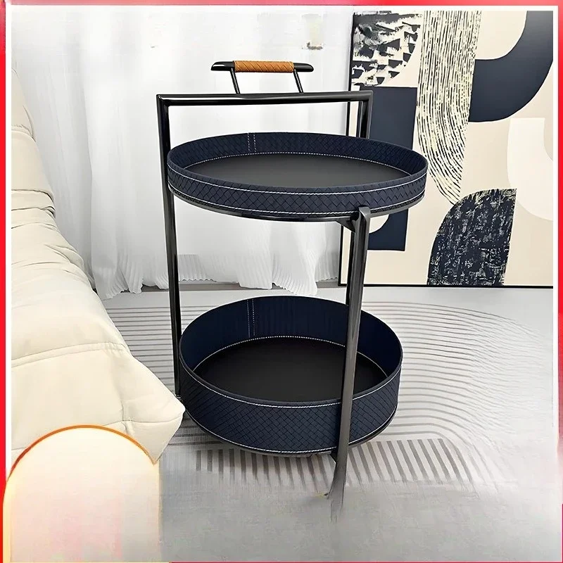 Round saddle leather trolley with wheels Movable sofa side table, trolley Saddle leather small coffee table
