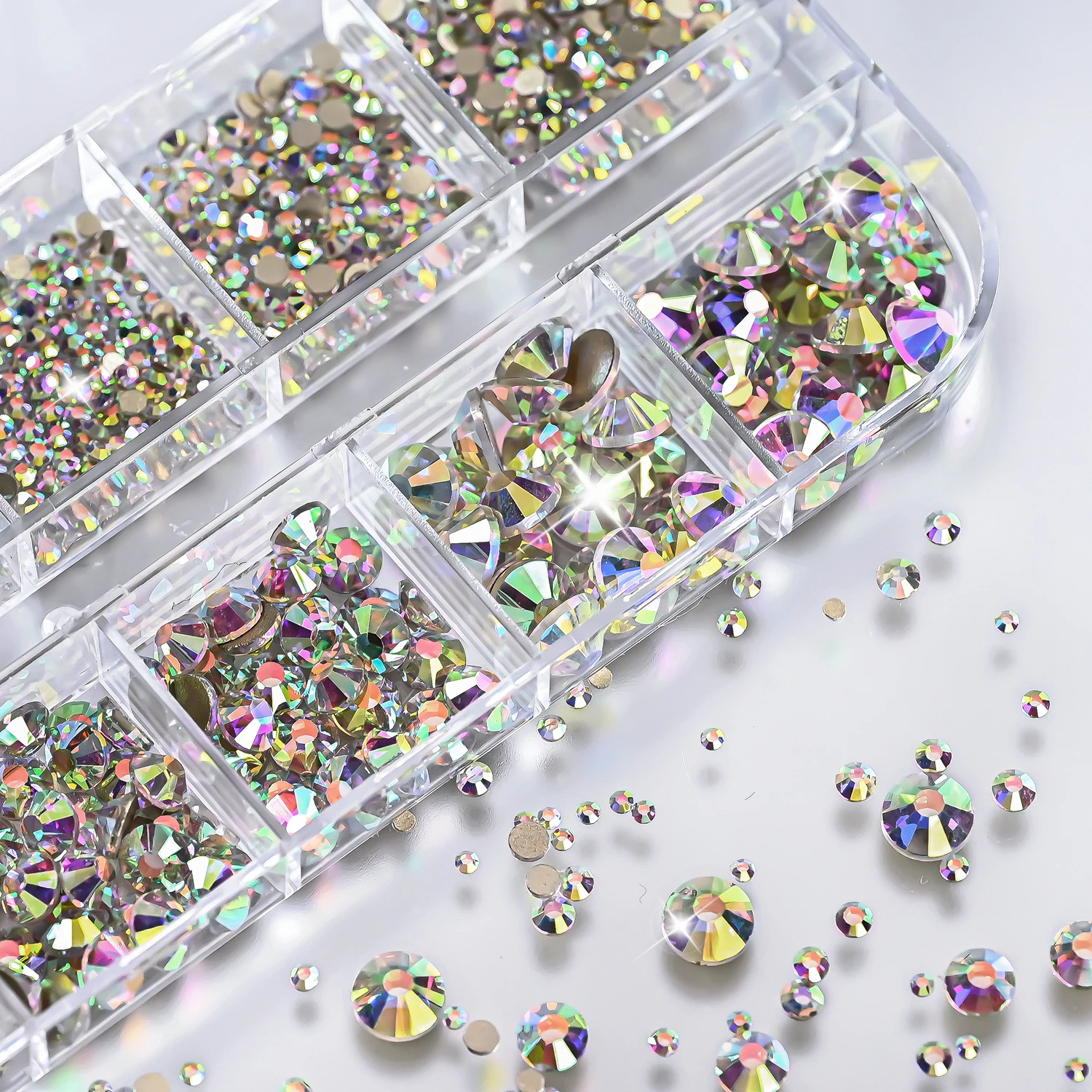 12er-Set 3D Glitzernde AB Runde Kristall-Nagelsteine SS4-SS30 Glas-Diamant-Nagelperlen Charms 1,5-6mm Flache Rückseite Nagel-Edelsteine D8@ – Detail 5