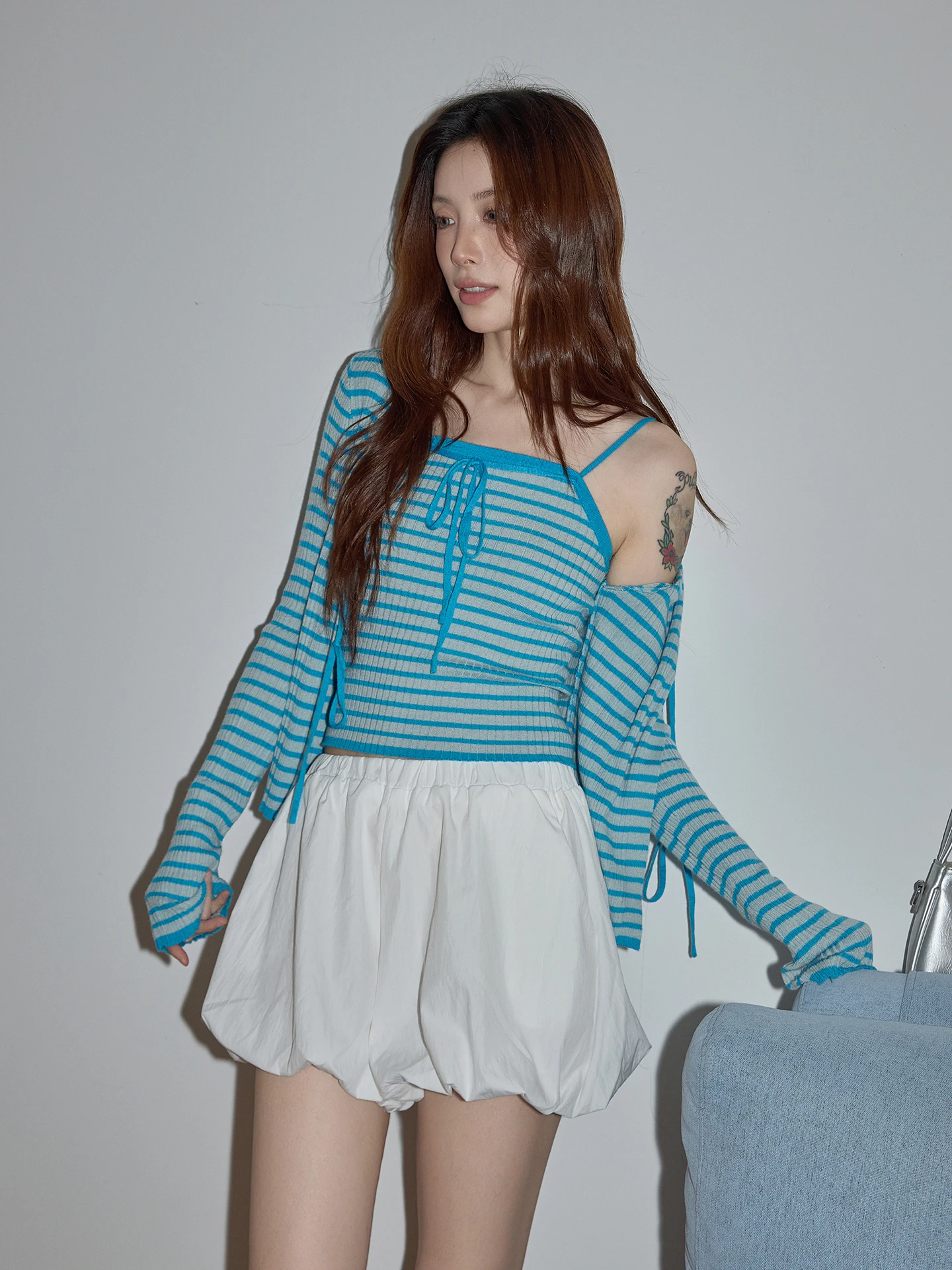 

Blue Striped Knitted Sweater Women's Summer Lightweight Sun Protection Cardigan Two-Piece Set Commute Style Regular Fit Long ...