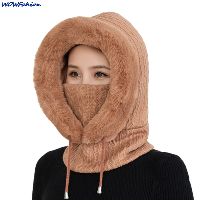 Winter Womens Hat Hooded Face Mask Fluff Keep Warm Thicken Neck Scarf Hooded Cap Beanie Knitted Cashmere Neck Warmer