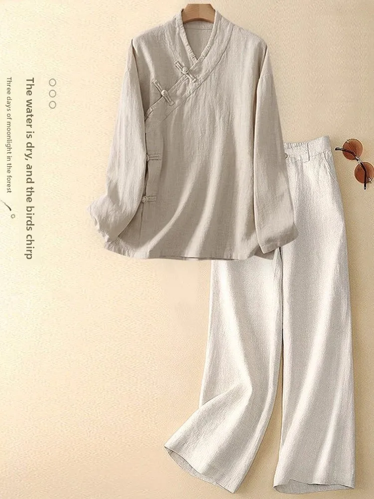 

Женский комплект из двух предметов из хлопка и льна с длинными пуговицами спереди и V-Ne, халат для медитации в стиле дзен, одежда для чайной церемонии