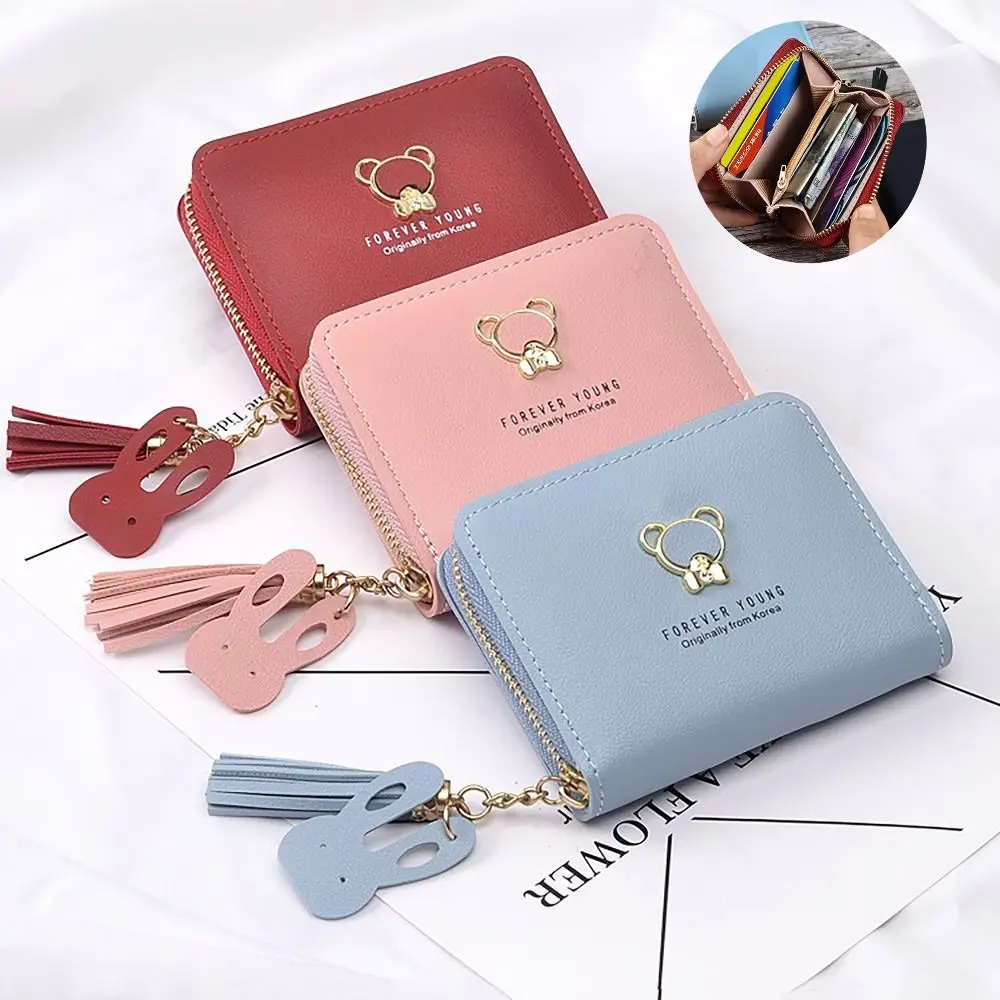 PU Leather Money Coin Purse Vintage Cute Panda Zipper Credit Card Holoder with Tassel Pendant Wallet Money Bag Women Girls