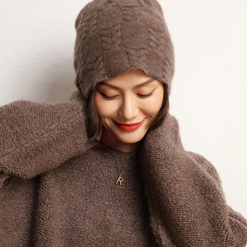 2024 New Autumn Winter Women Hats 100% Pure Cashmere Knitted Headgears Soft Warm Fashion Thick Cap 3 Colors High Quanlity