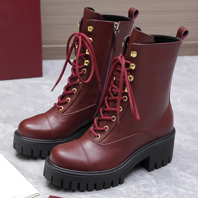 

High quality cowhide upper women's lace-up cowboy short boots with western style and anti-slip function shoes 25110304