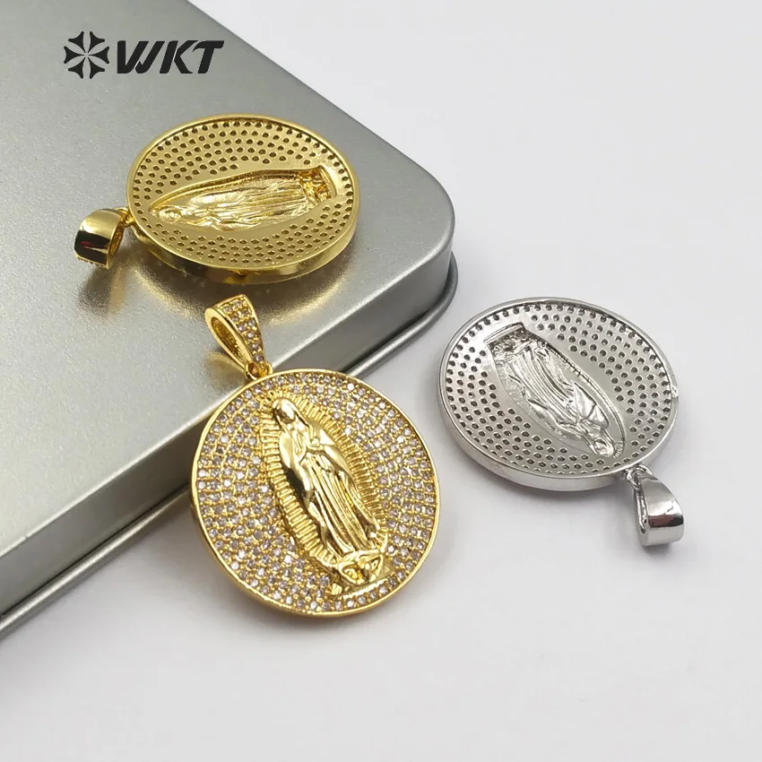 WT-MP106 Gold And Silver Color Vermeil Virgin Mary Medallion Pendant In Round Shape CZ Pave Charming For Women Necklace DIY