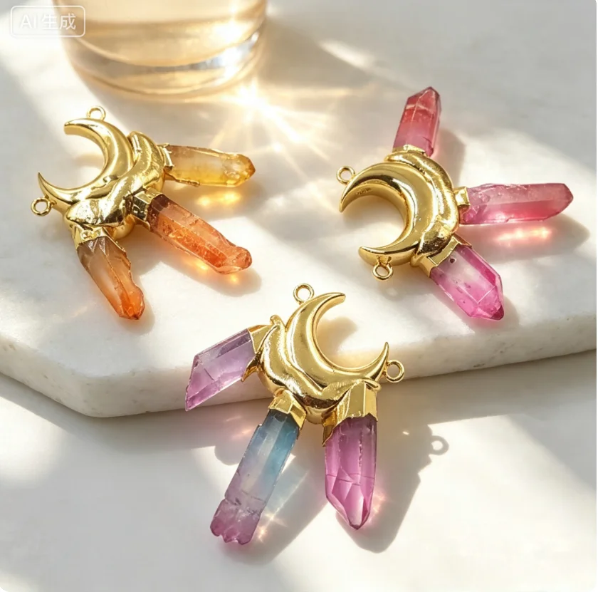 WT-P1553 WKT New Design Triple Piece Aura Quartz Point Statement Pendant Unique Double Loops Crescent Horn Women Jewelry Finding
