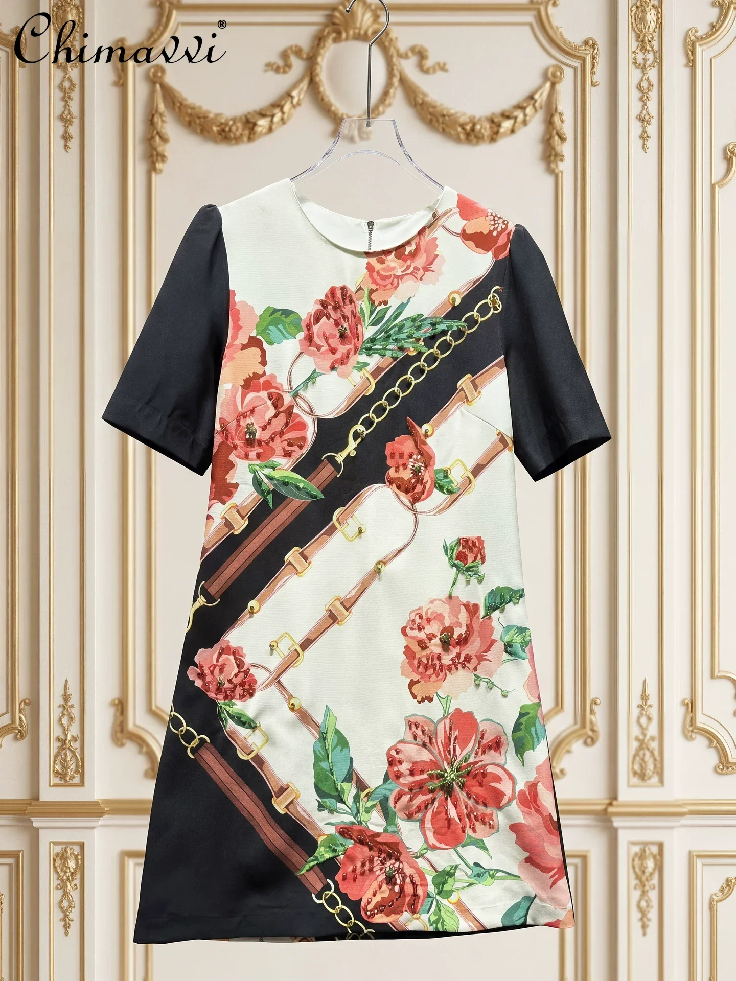 

French Fashion Retro Printing Diamond Round Neck Short Sleeve High Waist Elegant Temperament Short Dress For Women Spring 2026