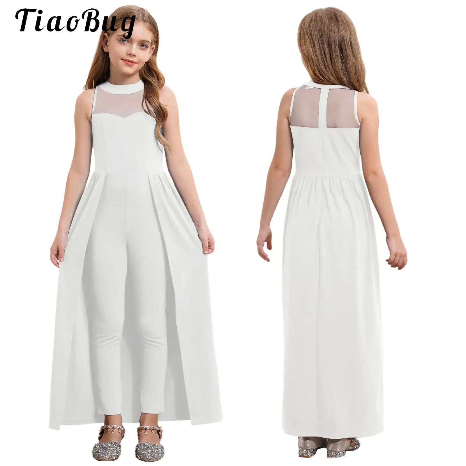

Kids Girls Elegant Jumpsuit Festive Trouser Suit Mesh Splice Romper Dress with Split Overlay Culottes for Wedding Evenings Party