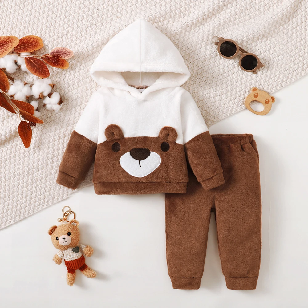 3-24M Winter Flannel Baby Pyjamas Outfits for boy girl Warm Plush Bear Long Sleeve Hoodie Top+Pants 2PCS Sets Infant Casual Suit