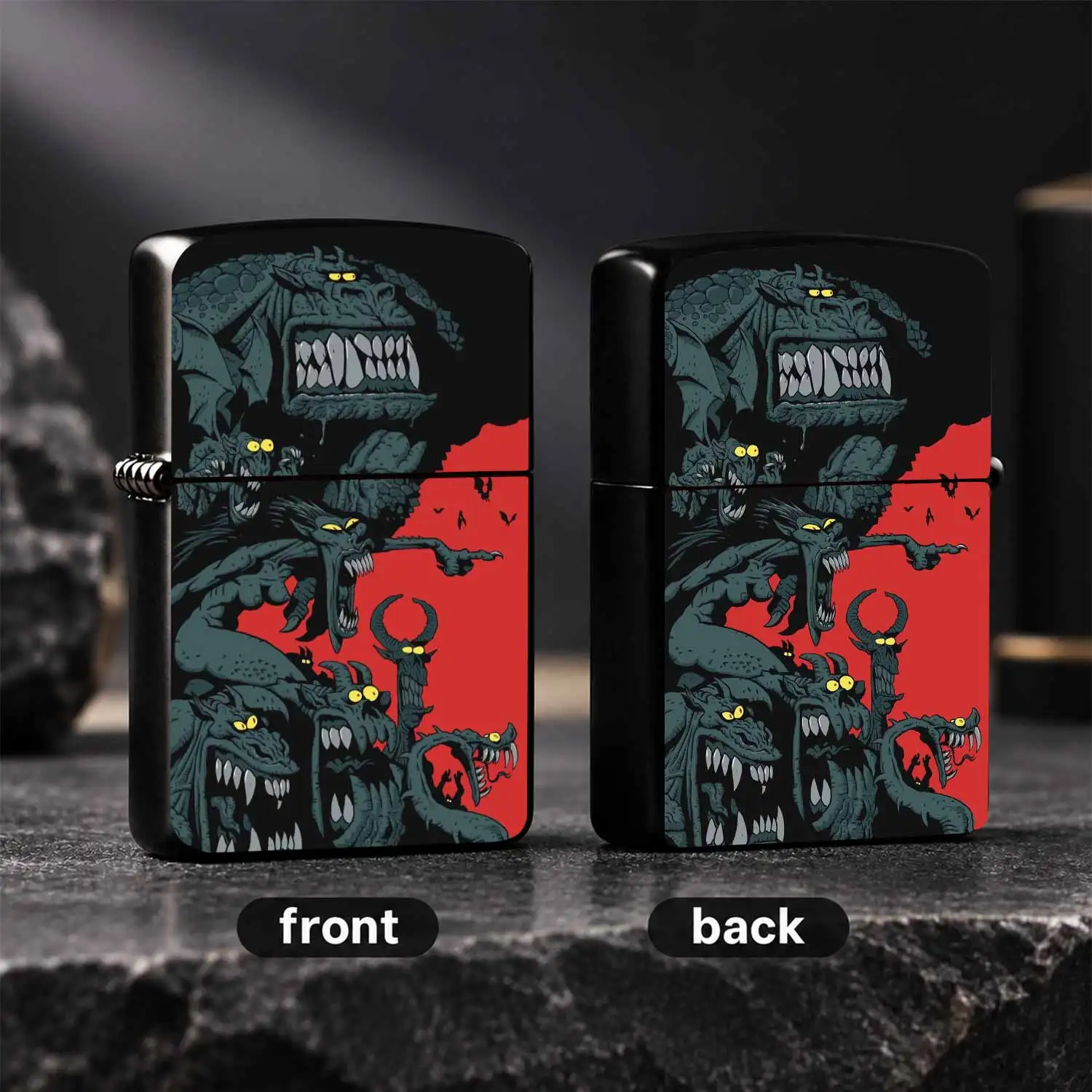 Creative Lighter with Dark Monster Group Portrait Design, Cool Fierce Alien Beasts Art, Striking Yellow Eye Details, Ideal for Daily Gathering Outdoor Activities, Unique Nice Gift for Hobbyists A Humorous And Interesting Lighter