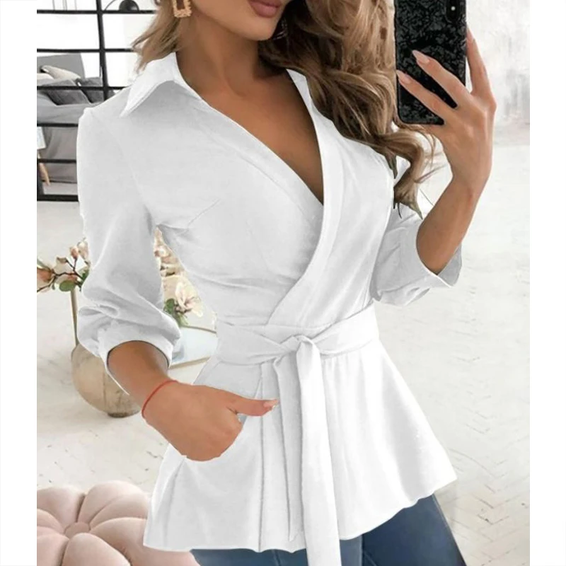 Autumn Elegant Fashion Chic New Shirt Women Solid Color Irregular Three Quarter Sleeve V Neck Pocket Solid Color Drawstring Top