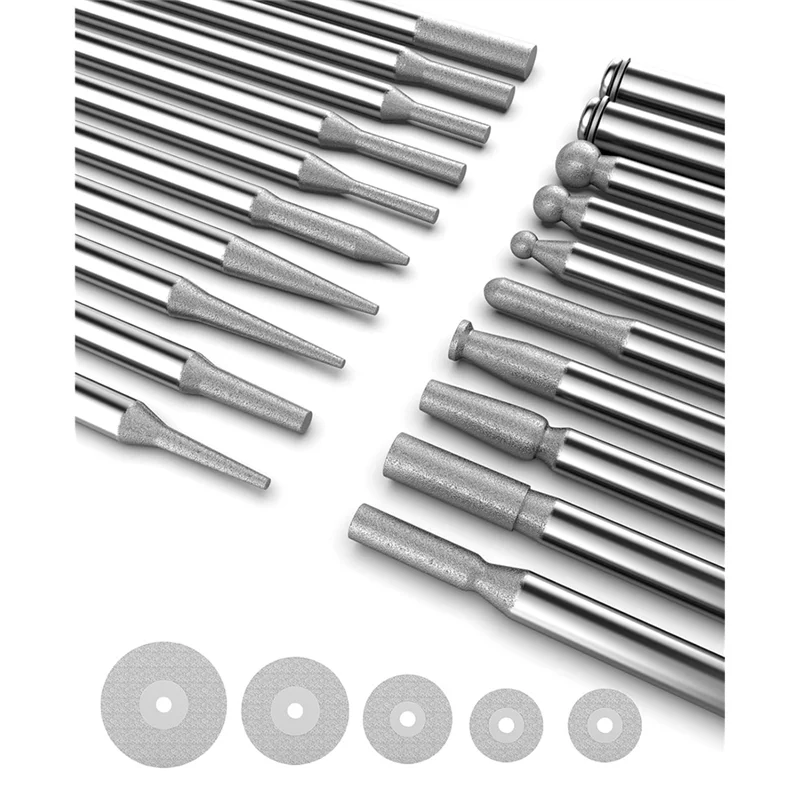 【빠른 배송】 Dremel용 25Pcs 다이아몬드 그라인더 비트 및 커팅 휠 세트, 1/8 인치 생크가 있는 그라인딩 버 드릴 비트, 커팅 W