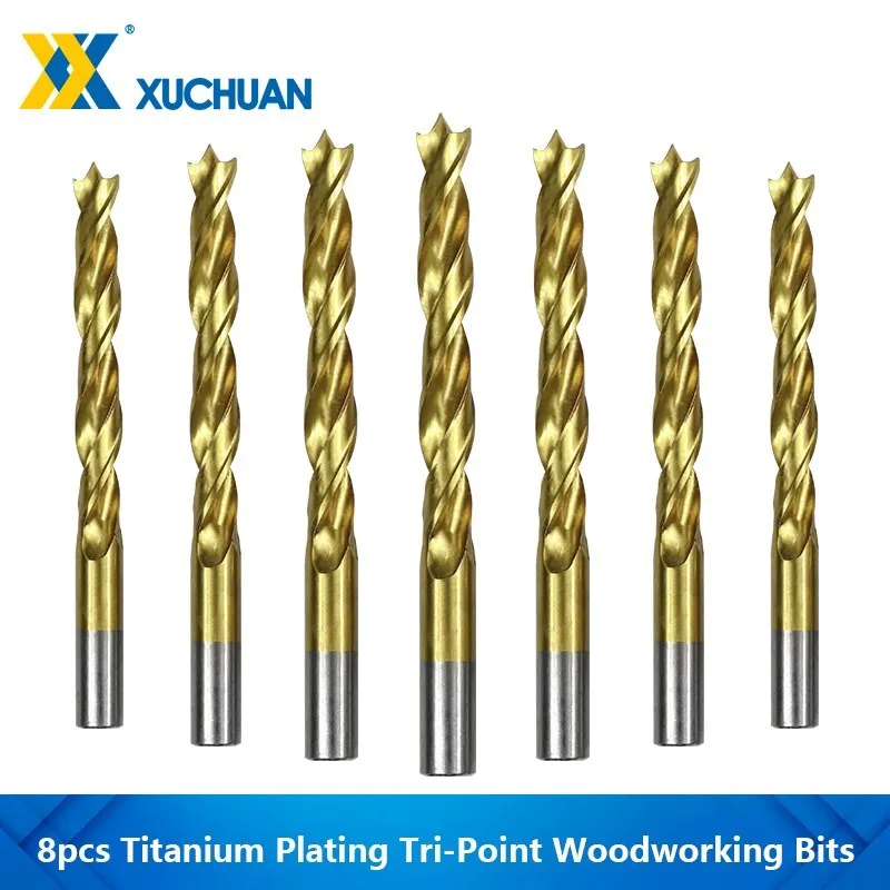 

8pcs Titanium Plating Tri-Point Woodworking Bits 3/4/5/6/7/8/10mm HSS Twist Drill Bit For Metal Drilling Wood Tools