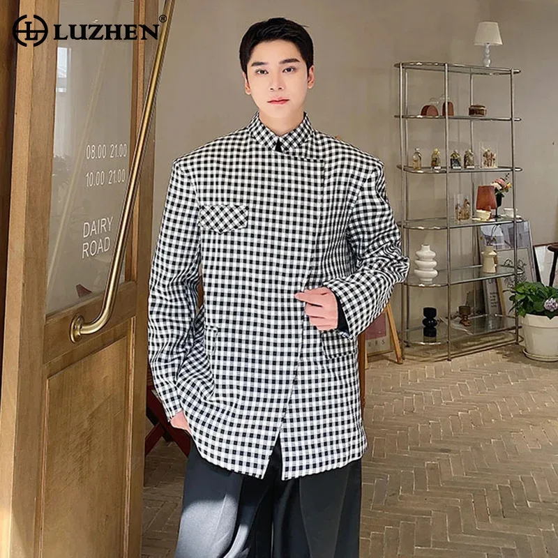 

LUZHEN Plaid Printed Asymmetric Placket Slim Blazer Coat Men New Fashion Handsome Elegant Casual Male 2025 Autumn Jacket JY4166