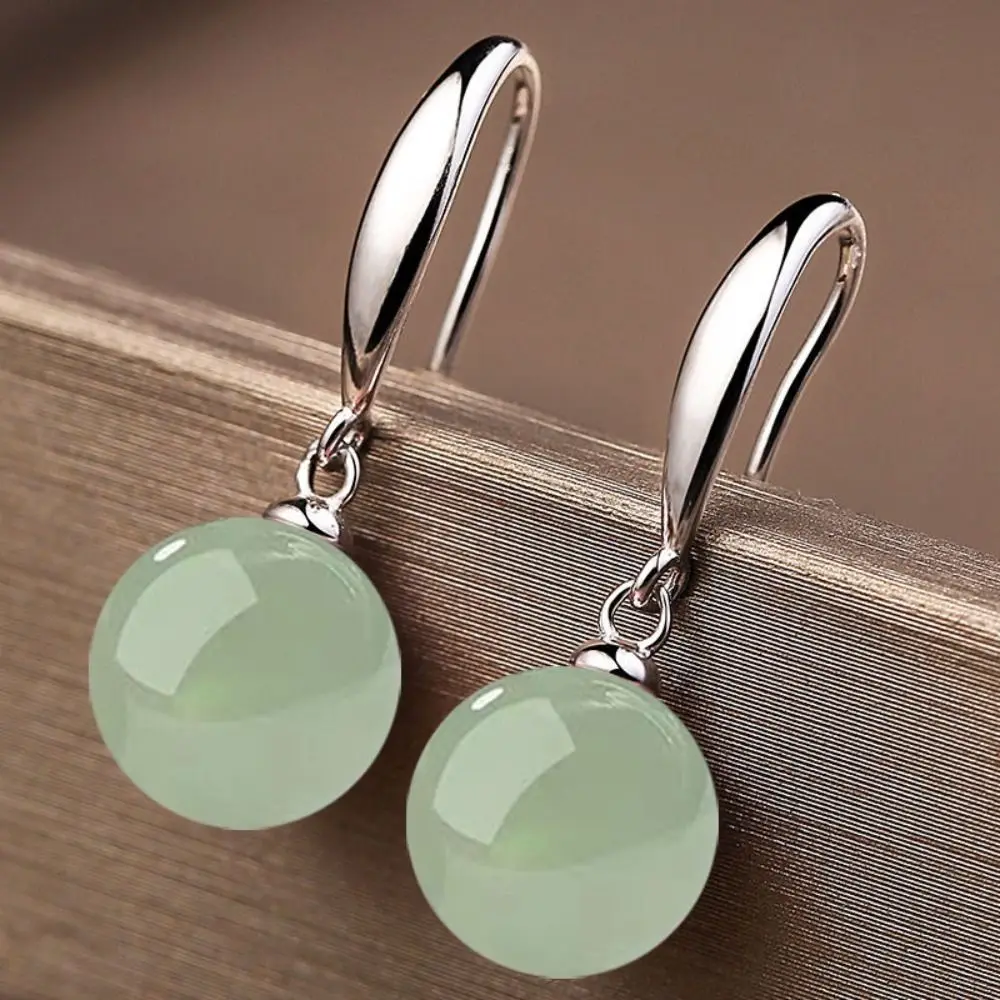 Exquisite Ball Shape Long Earrings Simulation Green Jade Shell Beads Drop Earrings Rhinestone Temperament Ear Hook Ear Jewelry