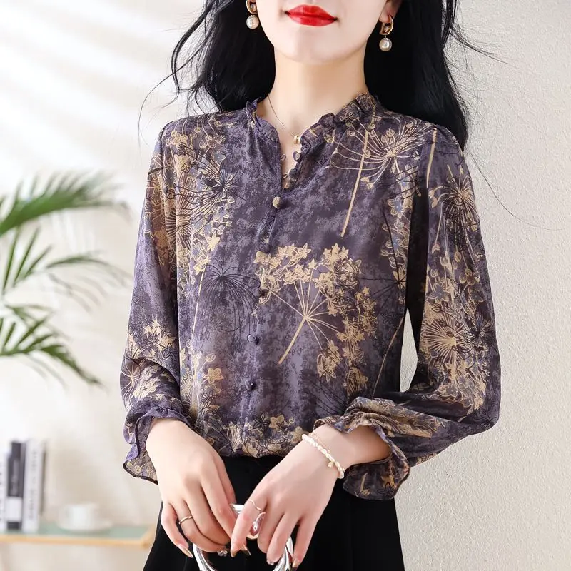 Spring Summer Round Neck Fashion Long Sleeve Shirt Women High Street Casual Button Patchwork Pullovers Vintage Printing Tops