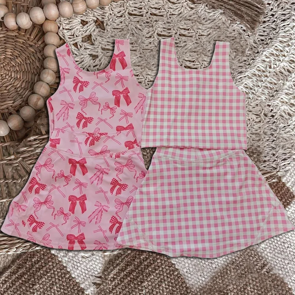 

z821-05 GSD2459 Wholesale Summer kids clothes girl Bow Pattern Tank Skirt Yoga Set boutique Children clothing baby girl clothes