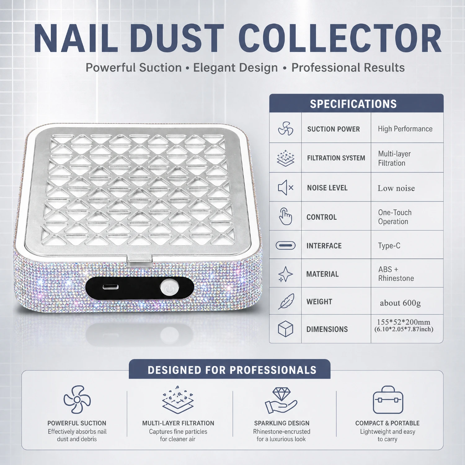 Low Noise High Suction Rhinestone Nail Dust Collector, 4200 RPM Brushless Motor USB Powered Nail Vacuum, Reusable Replaceable Filter, Plug And Play Manicure Dust Suction Machine For Commercial Salon & Personal Home Use - view 8