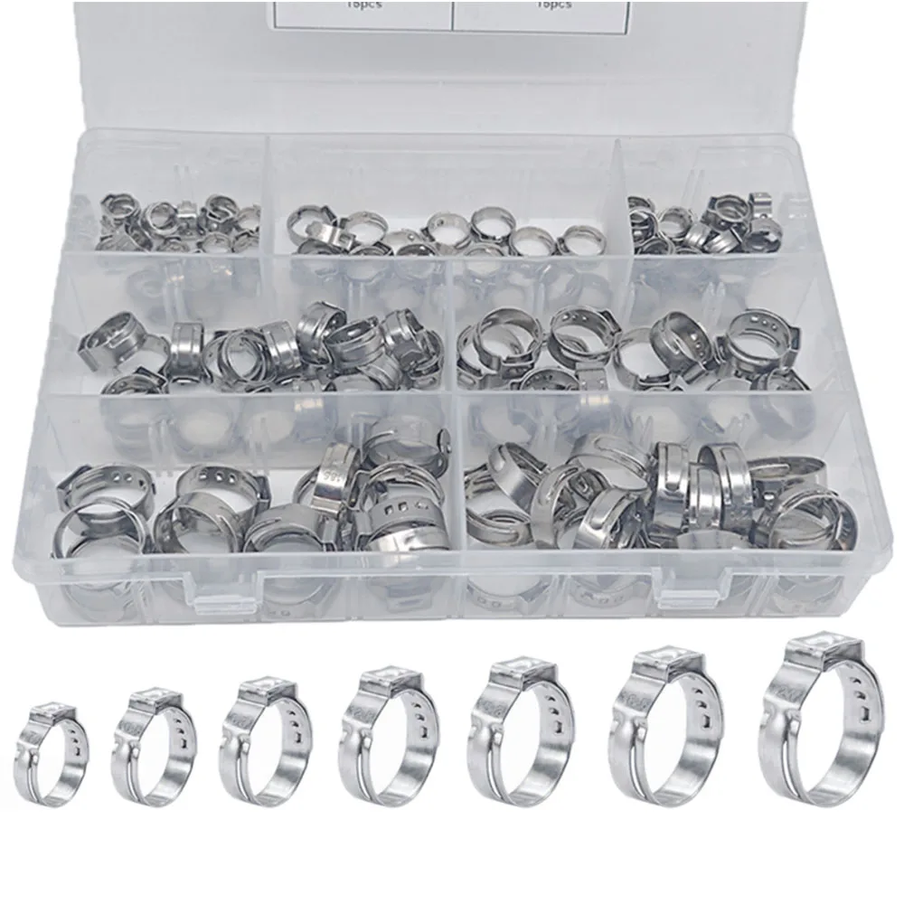 125PCS 7-21mm Single Ear Hose Clamps Set 304 Stainless Steel Wire Tube Pipe Fuel Line Clip Assortment Kit with Ear Clamp Pincer