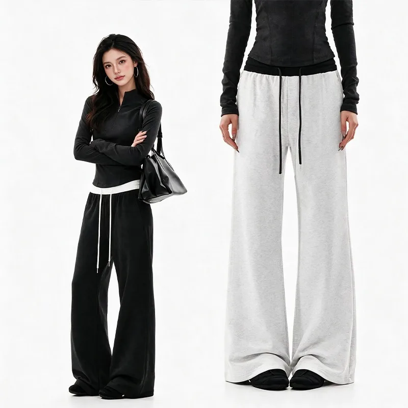 Women 2026 Autumn New Contrast Color Rib Waist Flare Sweatpants Loose Casual Stretch Long Trousers