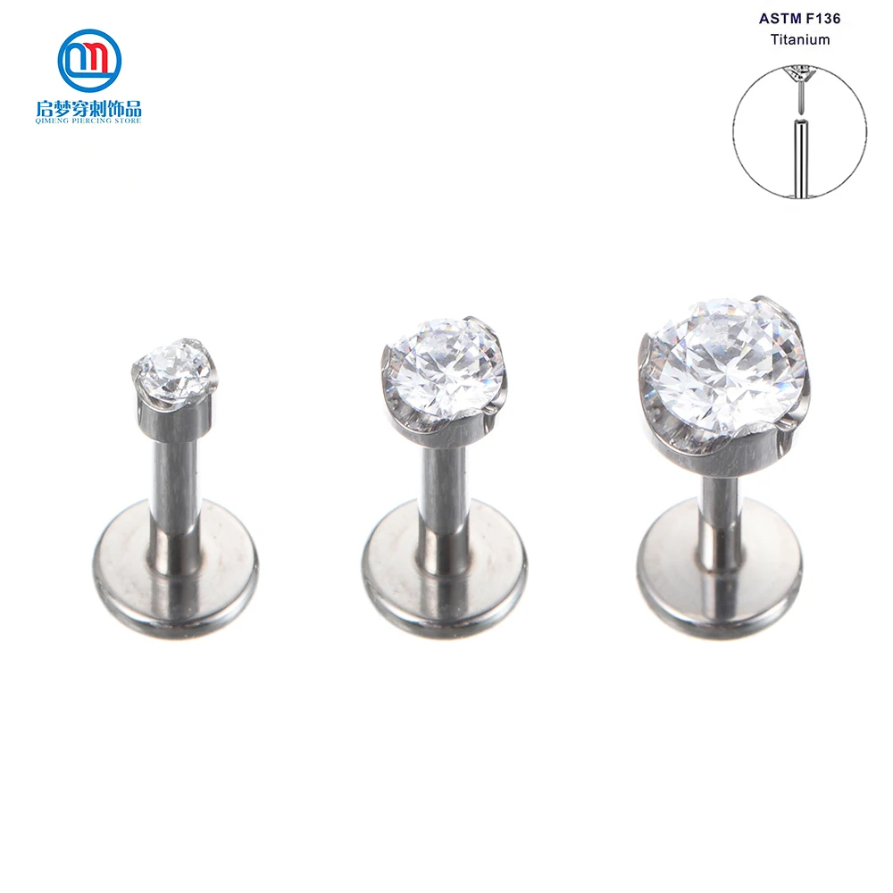 QM 18G ASTM F136 Titanium Threadless Set Prong Clear Zircon Labret Helix Tragus Flat Earring Piercing Body Jewelry