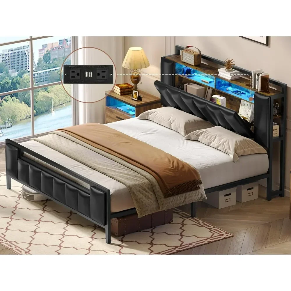 Full Size Bed Frame with Storage Headboard, Led Light, Metal Slats Support and Charging Station, No Box Spring Needed