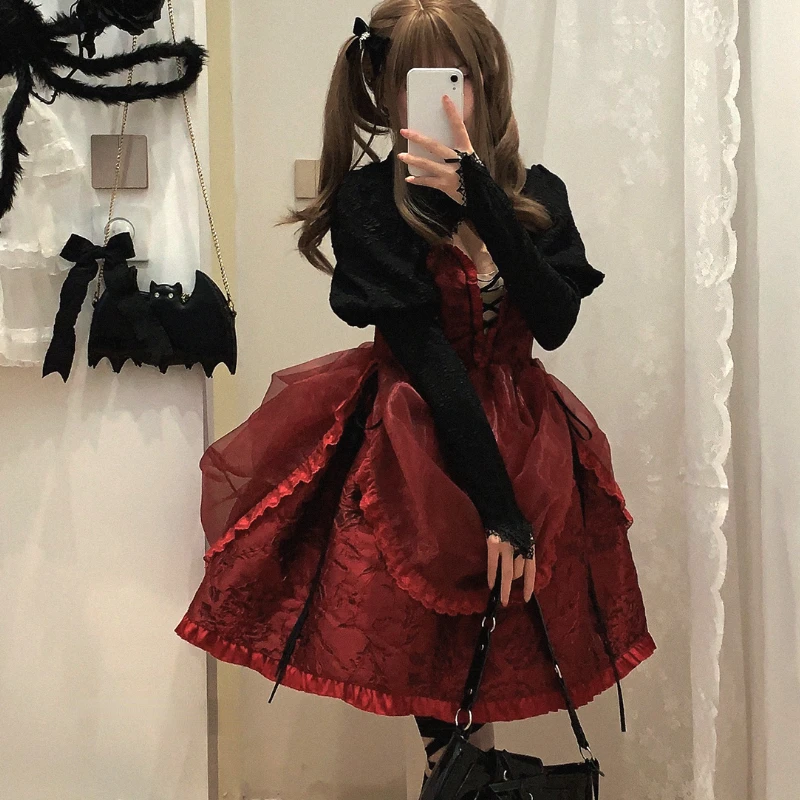 Japanese Victorian Kawaii Lolita Dress Women V Neck Jacquard Organza Fairy Dresses Korean Fashion Gothic Sleeveless Strap Dress