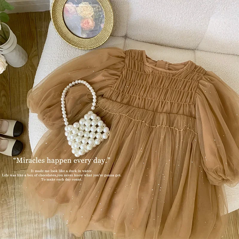 Korean Style New Spring Autumn Kids Girl Dress Long Sleeves Coffee O-neck Mesh Princess Dress Child Clothes E22001