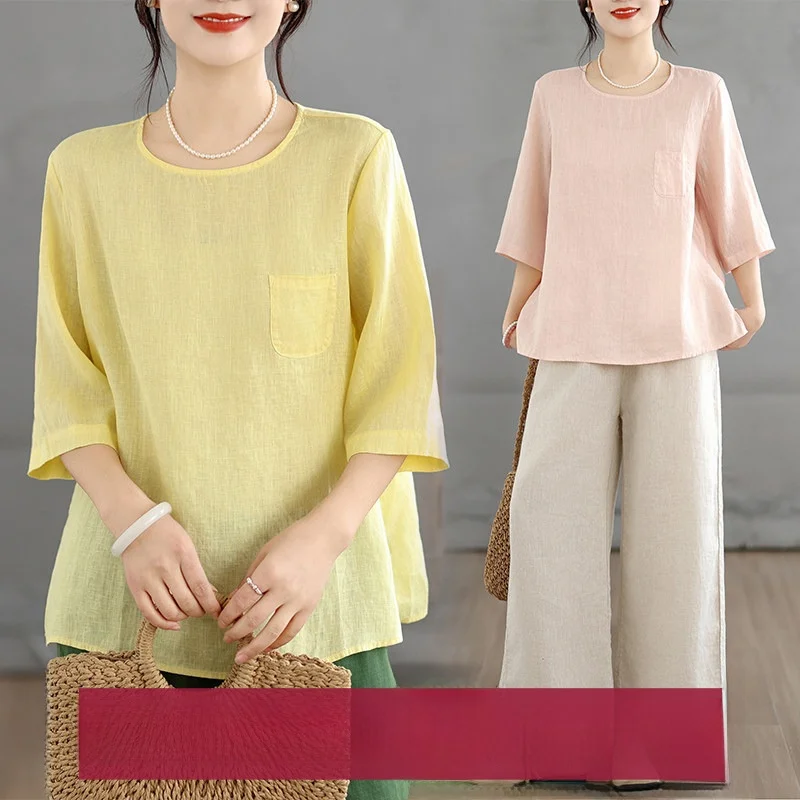 

Summer Casual Cotton Linen Women's Shirt Thin Pocket Design Leisure Artistic Temperament T-shirt Color Small Shirt