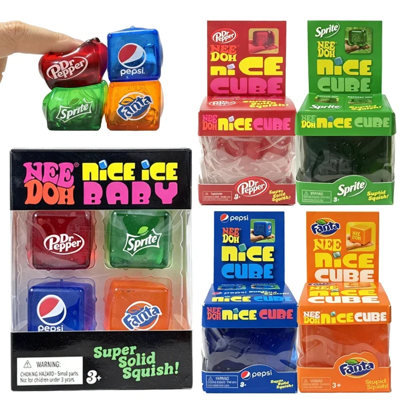 Neues Ice Baby 4er-Pack Teenie Ice Cube Fidgety Relief Sensorisches Spielzeug Coke Sprite Würfel Quetsch- und Quetschmusik-Spielzeug Beruhigendes Geschenk bei ADHS