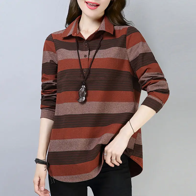 2023 New Spring and Autumn Fashion Stripe Button Panel Irregular Shirt Temperament Commuter Loose Cotton Hemp Casual Top