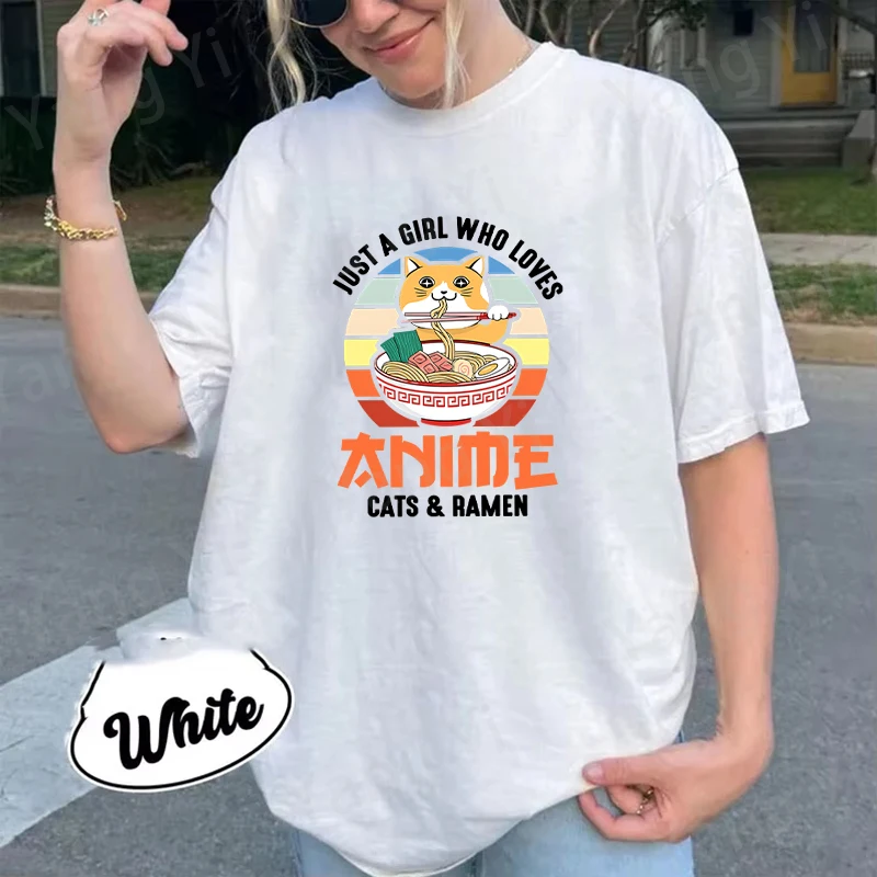 Hot New Japan Cats Eat Ramen Pattern Men Women Cotton T-Shirt Simple Letter Unisex Tees Loose Large Size Top Funny Couple Shirt