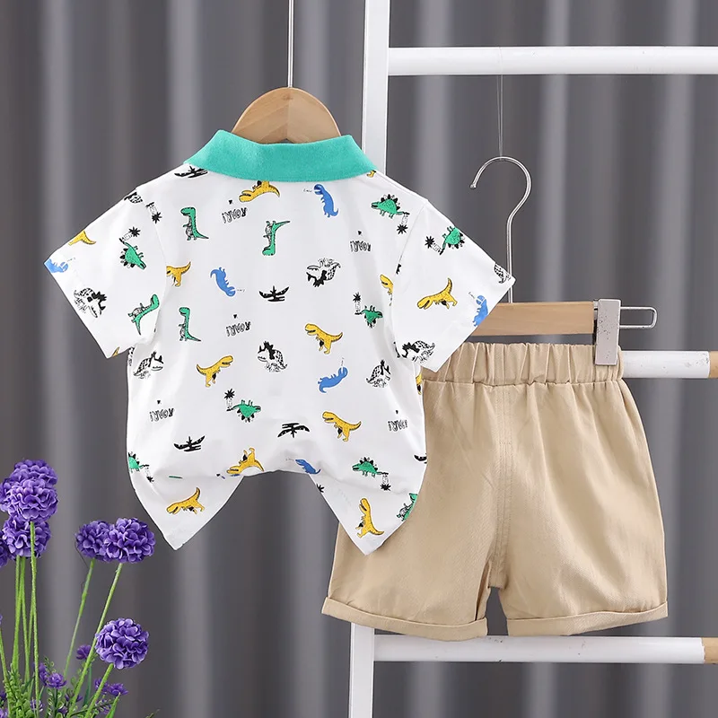 Toddler Boy Outfit Set 2024 Summer New Full Print Dinosaur Flip Neck Short Sleeve T-shirts Shorts Two Piece Infant Boys Clothes