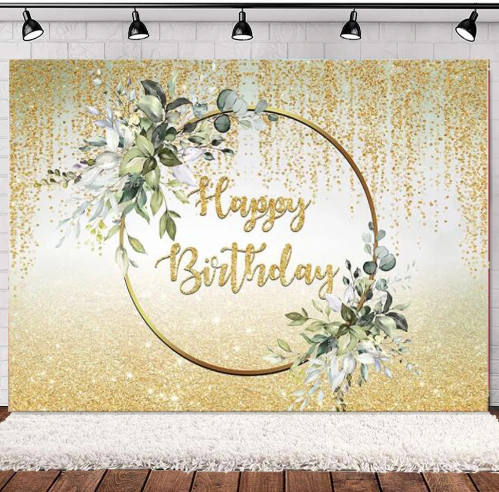 Photography Backdrop Gold Glitter Theme Greenery Leaves Adult Women Girls Birthday Party Decor Backgroud Banner Poster