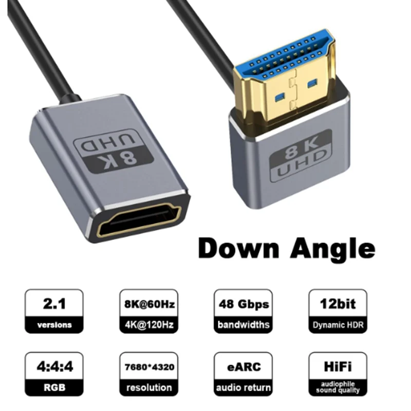 0.3M Coaxial HD HDMI Compatible male to female Elbow 8K 2.1V Cable Ultra High Speed 48Gbps, Ultra-Thin Φ 2.5mm8K@60Hz   4K@240H