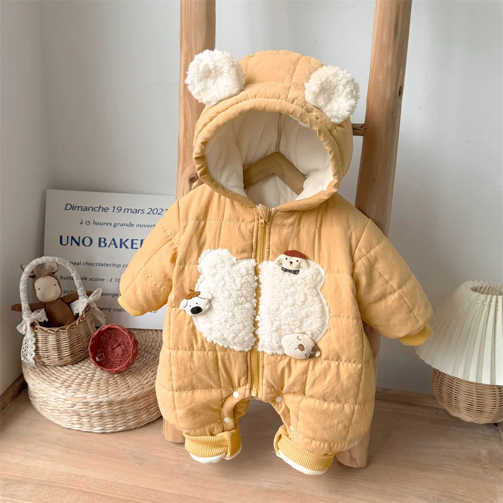 2024 Winter New Baby Boys Jumpsuit Splicing Cartoon Bear Thickened Warm Hooded Infant Boys Outerwear Toddler Boys Rompers